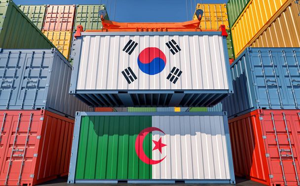 Frachtcontainer mit algerischen und südkoreanischen Nationalflaggen. 3D-Rendering - Foto, Bild
