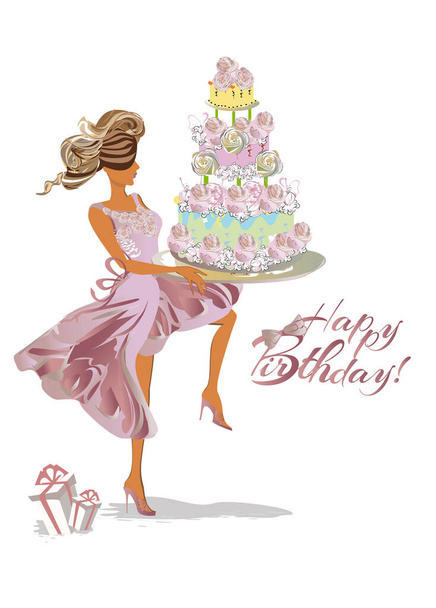 Birthday card with a fashion girl in a hat and a  big cake. Hand drawn musical vector illustration for t shirts, covers,  wallpaper, greeting cards, wall-art, invitations. - Wektor, obraz