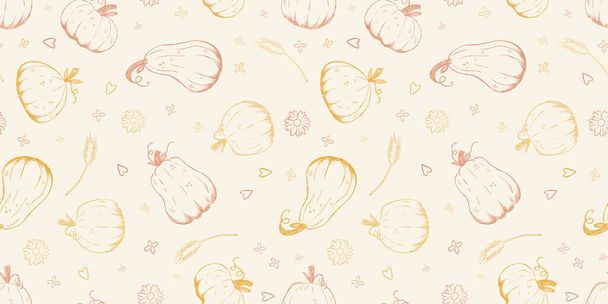 Beautiful pumpkin halloween thanksgiving seamless pattern, cute cartoon pumpkins hand drawn background, great for seasonal textile prints, holiday banners, backdrops or wallpapers - vector surface - Vector, Imagen
