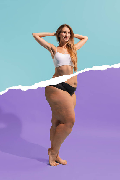 Comparison and contrast human shapes. Creative art collage with young slim girl and plus-size woman isolated on blue-purple background. Weight loss, fitness, healthy eating, motivation concept. - Фото, зображення