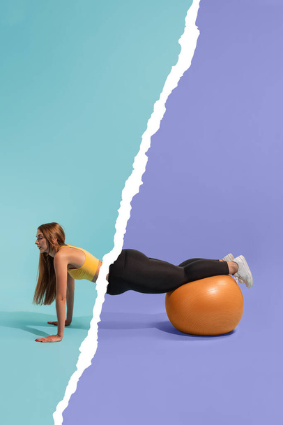 Keep balance. Motivation to be beautiful and healthy. Young slim girl with plus-size womans body doing exercises isolated on colored background. Weight loss, fitness, healthy eating, active lifestyle - Photo, Image