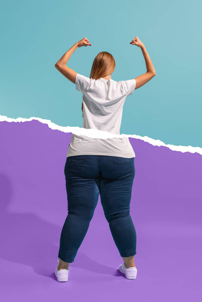 Collage with beautiful thin girl with body of plus-size woman isolated on colorful background. Beauty, fashion, weight loss, fitness, healthy eating, motivation concept. Poster for ad - Foto, Bild