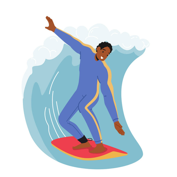 Surfen Relax im Ozean. Young Man Surfer in Schwimmbekleidung halten das Gleichgewicht an Bord Reiten Big Sea Wave. Charakter Sommerzeit aktiver Lebensstil, Urlaub Freizeit in exotischen Ländern. Zeichentrickvektorillustration - Vektor, Bild