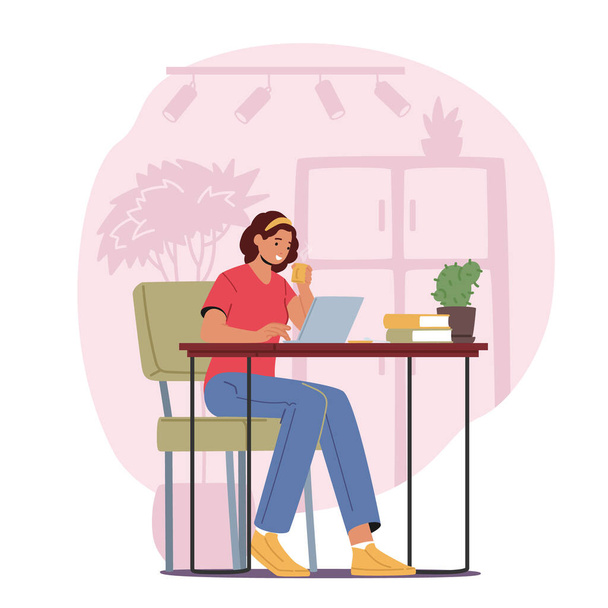 Relaxed Woman Freelancer Working on Laptop Sitting at Desk with Coffee Cup Thinking of Tasks. Freelance Outsourced Employee Occupation, Working Activity, Online Services. Cartoon Vector Illustration - Vector, afbeelding