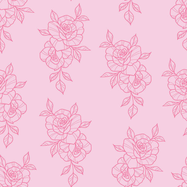 Pink roses vector repeat pattern, with hand drawn rose elements, floral background. - Вектор,изображение