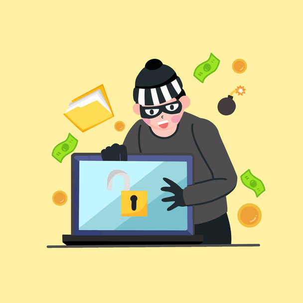 Flat illustration of hacker at laptop, - Vector, imagen