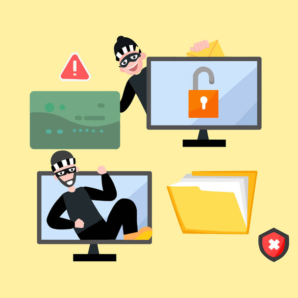 Płaska ilustracja haker na laptopie, - Wektor, obraz
