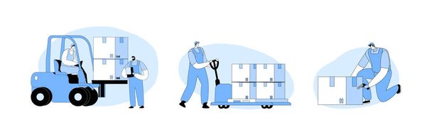 Set Warehouse Workers Loading, Stacking Goods with Electric Hand Lifters and Forklift Truck and Scanning Bar Code. Industrial Logistics and Merchandising Business. Line Art Flat Vector Illustration - Vector, Imagen