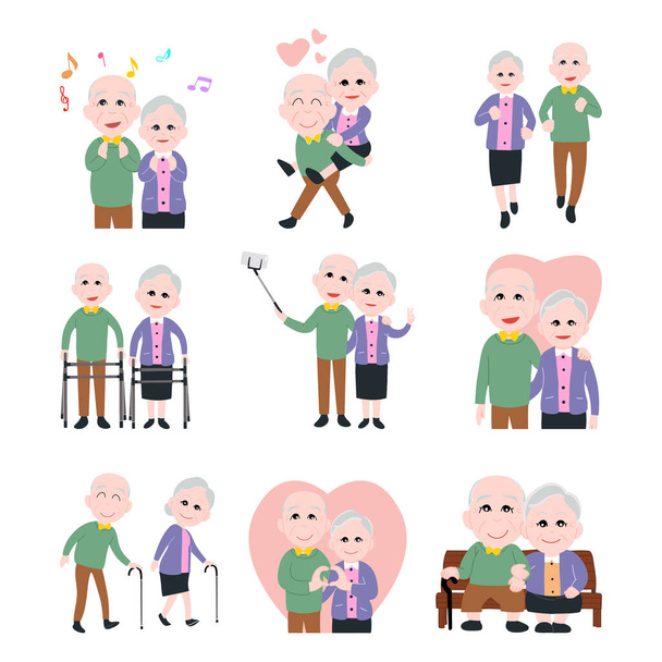 Großelterntag, Altenpaar, glückliche Oma und Opa, romantisch und verliebt  - Vektor, Bild