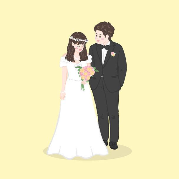 Bride in white dress and Groom  suit holding flower wedding ceremony invitation card vector couple characters on soft yellow background. - Vektör, Görsel