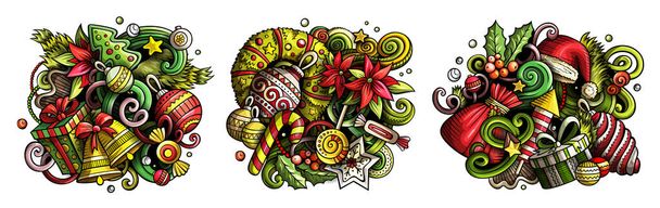 New Year cartoon raster doodle designs set. Colorful detailed compositions with lot of holidays objects and symbols. Isolated on white illustrations. Merry Christmas banner - Photo, Image