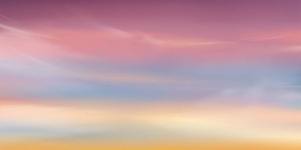 Salida del sol en la mañana con naranja, amarillo, rosa, cielo púrpura, dramático paisaje crepuscular con puesta de sol en la noche, horizonte vectorial de romántica bandera del cielo la luz del sol, fondo de fantasía unicornio arco iris - Vector, Imagen