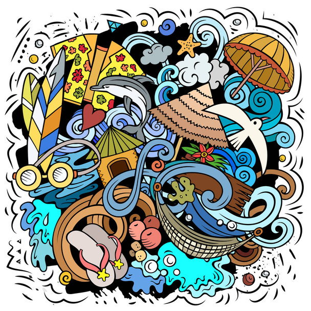 Summer Beach cartoon raster illustration. Colorful detailed composition with lot of summertime objects and symbols - Fotoğraf, Görsel