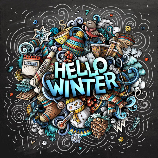 Hello Winter hand drawn cartoon doodles illustration. Funny seasonal design. Creative art raster background. Handwritten text with cold season elements and objects. Chalkboard composition - Foto, imagen