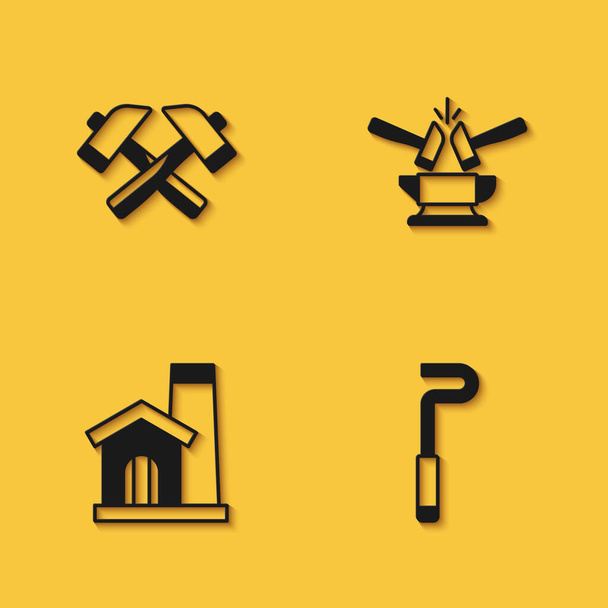 Set Crossed hammer, Fire poker, Smithy workshop interior and Anvil and icon with long shadow. Vector - Vector, Image