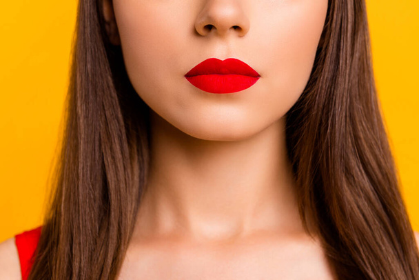 Cropped close up photo of pretty girl nice luxury red lipstick isolated on yellow color background. - 写真・画像