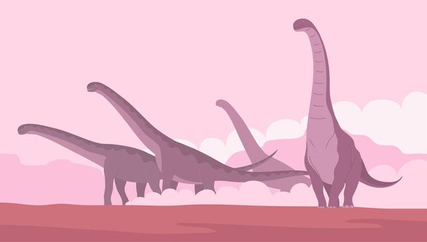 Big sauropod with a long neck and tail. Herd of lizards in the mountain desert. Herbivorous dinosaur sauropod of the Jurassic period. Prehistoric pangolin. Vector cartoon illustration - Vektor, obrázek