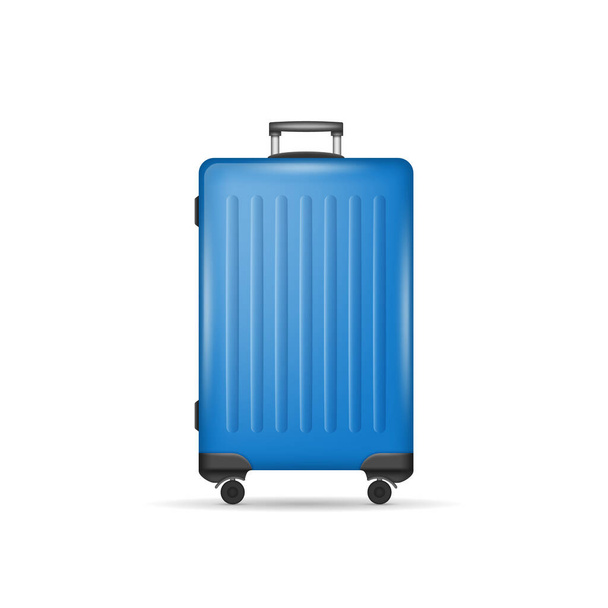 Realistic luggage bag isolated on white background. Large suitcase with metal handle and wheels for vacation travel or business trip. 3d vector illustration - Vektori, kuva