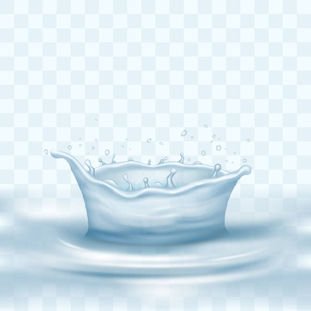 Water crown splash and wave swirl with drops. Transparent blue liquid splashing fluids with droplets, realistic 3d elements, fresh drink, clear aqua falling with air bubbles. Vector illustration - Vettoriali, immagini