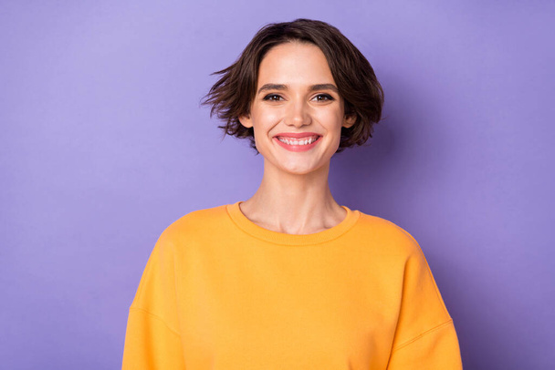 Portrait of charming cheerful lady toothy beaming smile wear sweater isolated on purple color background. - Φωτογραφία, εικόνα
