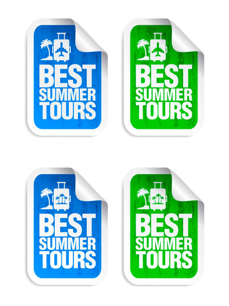 Green, blue sticker set best summer tours. Time to travel. Vector illustration - Vektor, kép