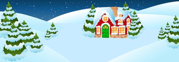 Horizontal banner of winter Christmas landscape. Illustration of a winter landscape with a house and firs and snow cover. - Vector, Image