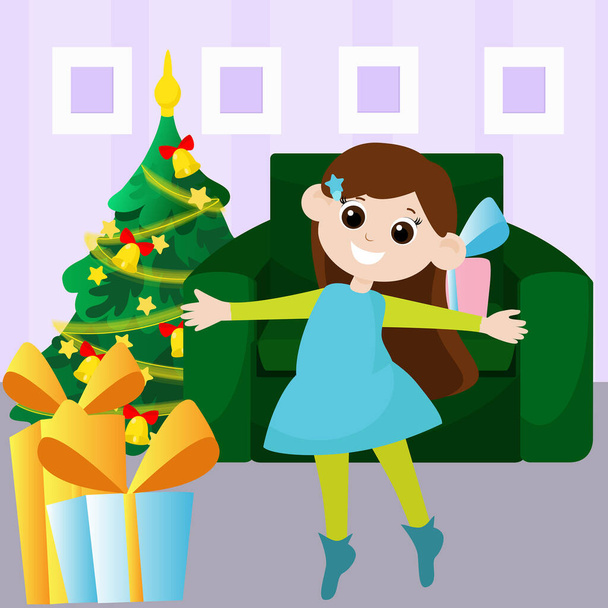 A happy cute girl is dancing indoors. A room decorated before Christmas inside the house with a Christmas tree and gifts. Cartoon style vertical vector illustration. - Vettoriali, immagini