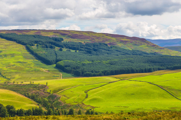 View of the green hills in Dumfries and Galloway. Rural landscape, north UK. - Foto, Imagem