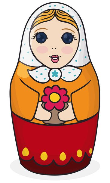 Cute Matryoshka doll, with white hood, blonde hair and traditional Russian garment, holding a flower. Design in cartoon style. - Vector, afbeelding