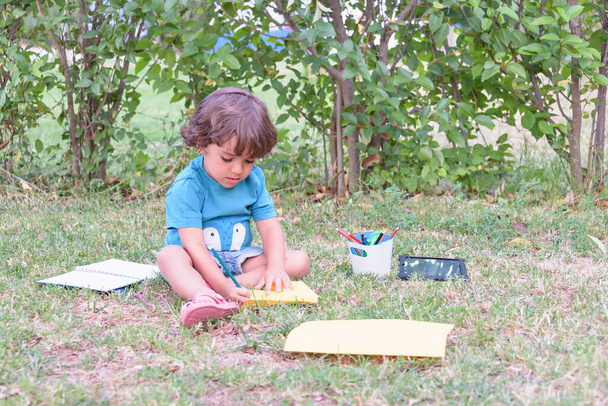 Little boy are using a magic pen to draw pictures in a book on a wooden table in park With face expression of determination - Foto, Bild