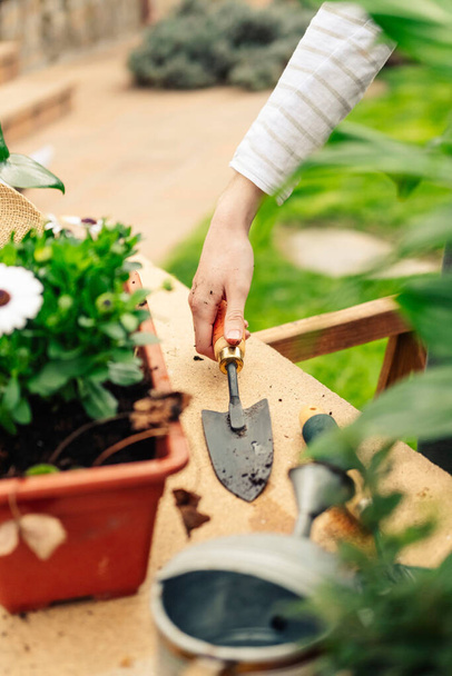 A woman gardener's hand picking up a shovel at the workbench. Nature concept. Gardening concept. - Photo, Image