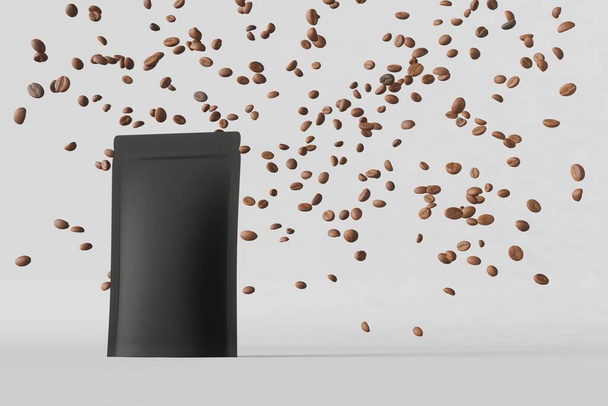 Чорна сумка макет падіння кавових зерен матовий подіум білий фон 3D рендерингу.
 - Фото, зображення