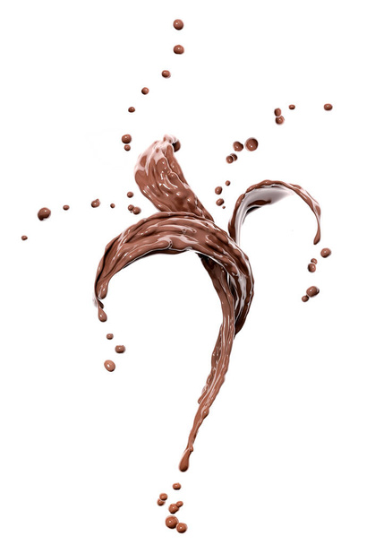 Hot dark chocolate dynamic splashing, liquid swirl splash, 3d food illustration isolated on white background - Foto, imagen