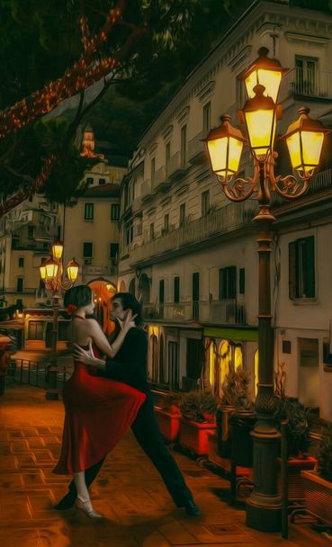 Sokakta fenerlerle tango yapan bir çift. Üç boyutlu illüstrasyon. Yağlı boya resmin taklidi. - Fotoğraf, Görsel