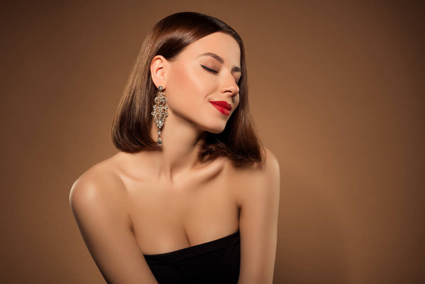 Attractive lady photo shooting over gradient background advertising shine evening mekeover ruby pomade eyes closed. - Фото, изображение