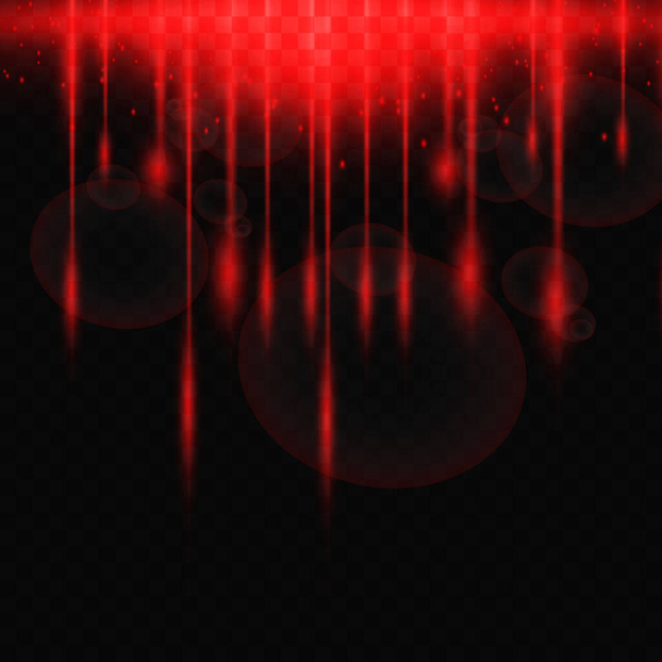 Red neon flash, laser vertical beams, bright light beams with glitter and dust on a transparent background. vector illustration - Vector, imagen