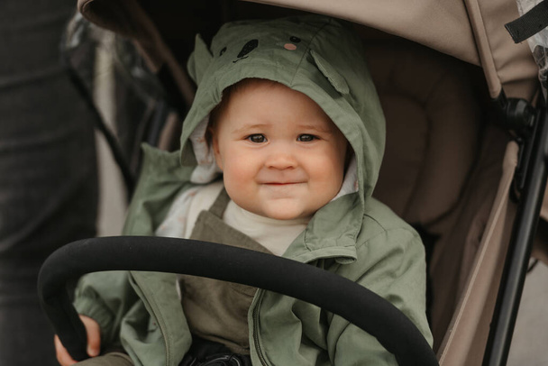 Bulutlu bir günde bebek arabasında oturan küçük bir kızın yakın bir fotoğrafı. Köyün yeşilinde bir bebek arabasında genç bir kız. - Fotoğraf, Görsel