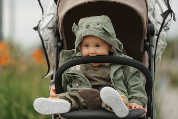 A female toddler is eating the safety bumper bar of her stroller on a cloudy day. A young girl in a baby carriage in a village green. - Photo, Image