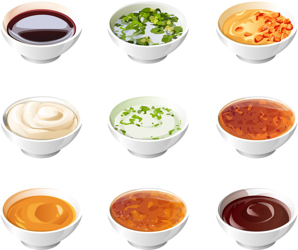 un ensemble de sauces dans des soucoupes blanches soignées. soucoupes blanches stylisées réalistes sont remplies de sauces appétissantes colorées colorées - Vecteur, image