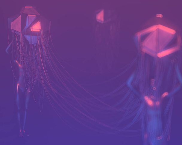 Cyberpunk themed abstract 3D rendered illustration of statues holding up wired network pods in magenta haze outer space - Foto, Imagem