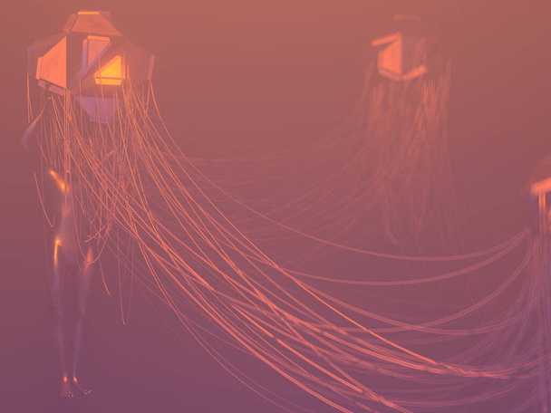 Cyberpunk themed abstract 3D rendered illustration of statues holding up wired network pods in warm orange haze outer space - Foto, imagen