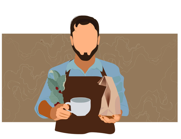 Coffee Business Concept - Male barista making coffee and serving a paper cup of hot coffee in cafe. Hand drawn in thin line style, vector illustrations. Vector illustration - Vektori, kuva