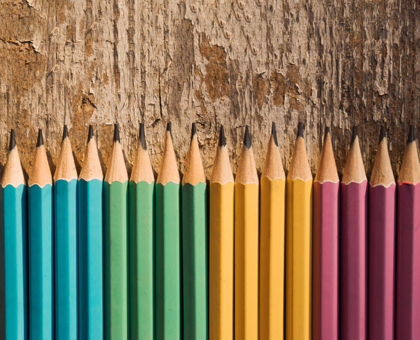 Colored pencils on wooden background. Top view with copy space. Flat lay. Back to school, education concept. - Foto, Imagen