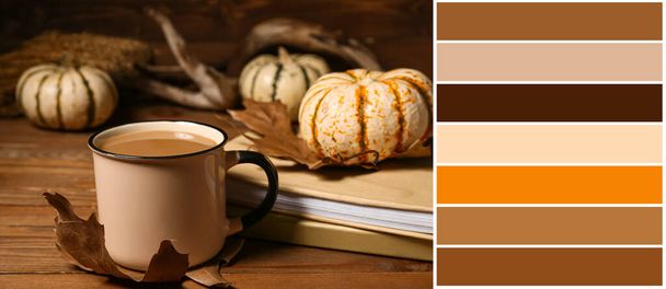 Cup of tasty coffee, books and autumn pumpkins on wooden background. Different color patterns - Φωτογραφία, εικόνα