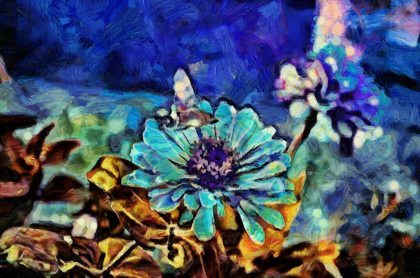 Obraz olejny - kwitnące kwiaty. Nowoczesna sztuka cyfrowa, technika impresjonizmu. Imitacja stylu Vincenta van Gogha - Zdjęcie, obraz