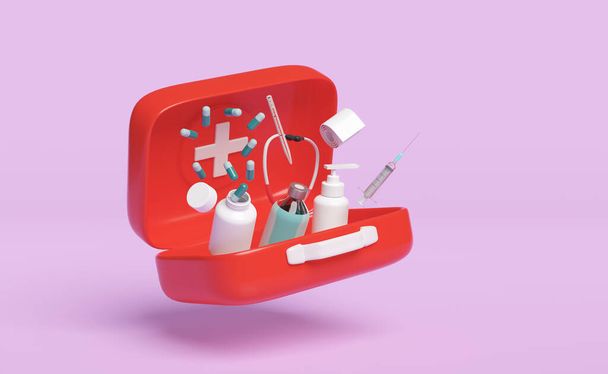 3d render illustration, 3d red first aid kit open icon isolated on pink background.  - Fotografie, Obrázek