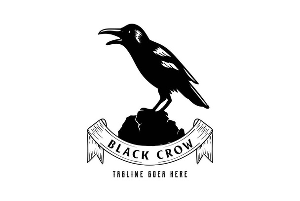 Vintage Retro Black Raven Crow Bird with Ribbon for Tattoo Logo Design Vector - Vector, imagen