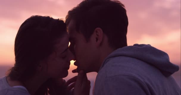 4k video di una coppia che si bacia sulla spiaggia al tramonto. - Filmati, video