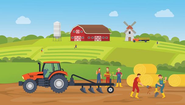пейзаж сельскохозяйственных угодий с фермерами и фермерской деревней с современной векторной иллюстрацией в плоском стиле - Вектор,изображение