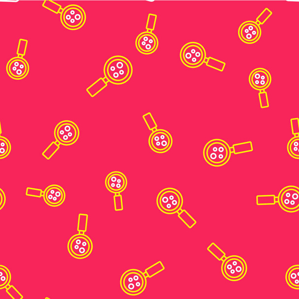 Line Microorganisms under magnifier icon isolated seamless pattern on red background. Bacteria and germs, cell cancer, microbe, virus, fungi. Vector. - Вектор, зображення